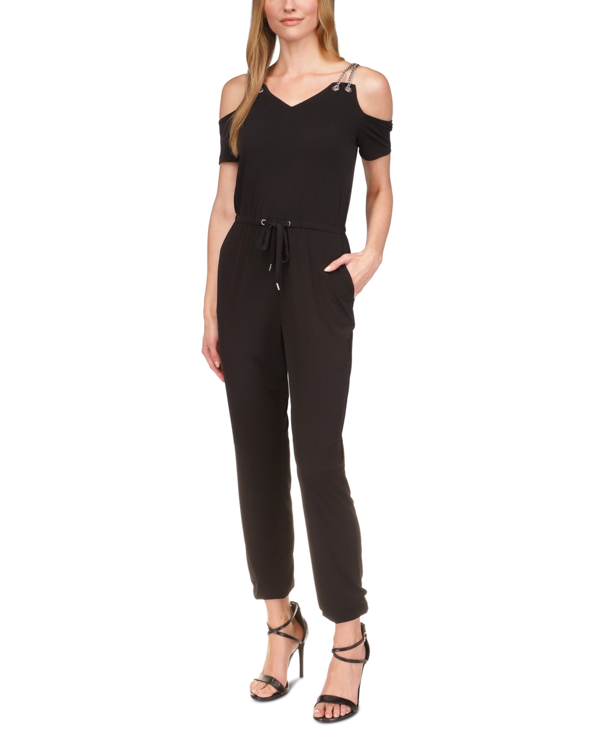 Macacão feminino Michael Kors com alças finas e ombro vazado, preto, tamanho extragrande