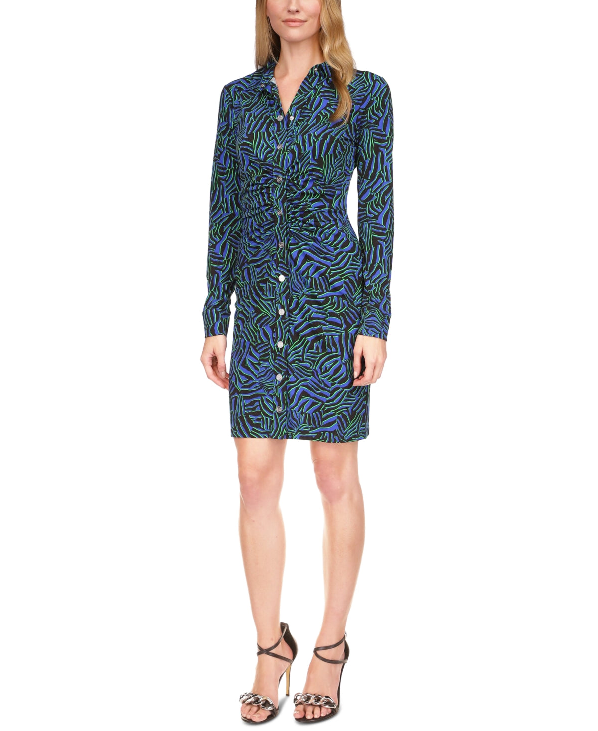 Michael Kors Women's Zebra Print Ruched Mini Dress Blue Size Small