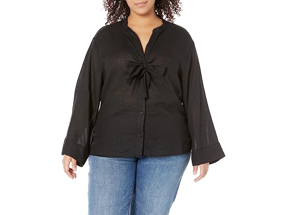 Blusa feminina Michael Kors de manga comprida com amarração no pescoço, preta, tamanho 1X