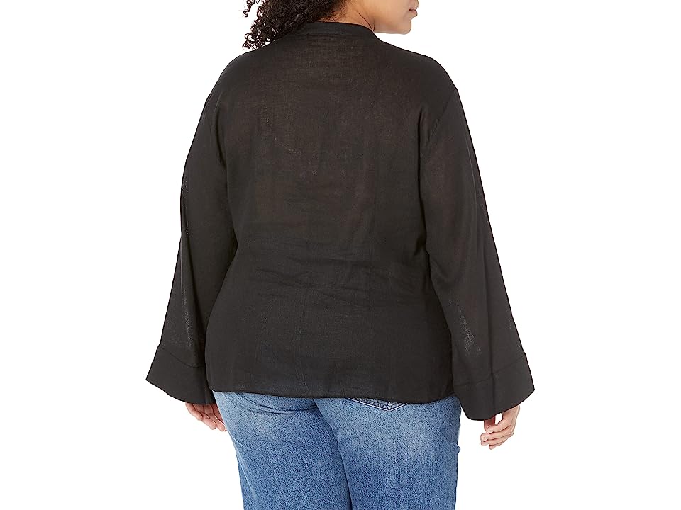 Blusa feminina Michael Kors de manga comprida com amarração no pescoço, preta, tamanho 1X