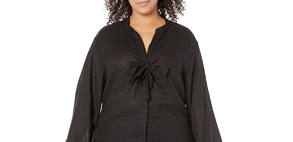 Blusa feminina Michael Kors de manga comprida com amarração no pescoço, preta, tamanho 1X