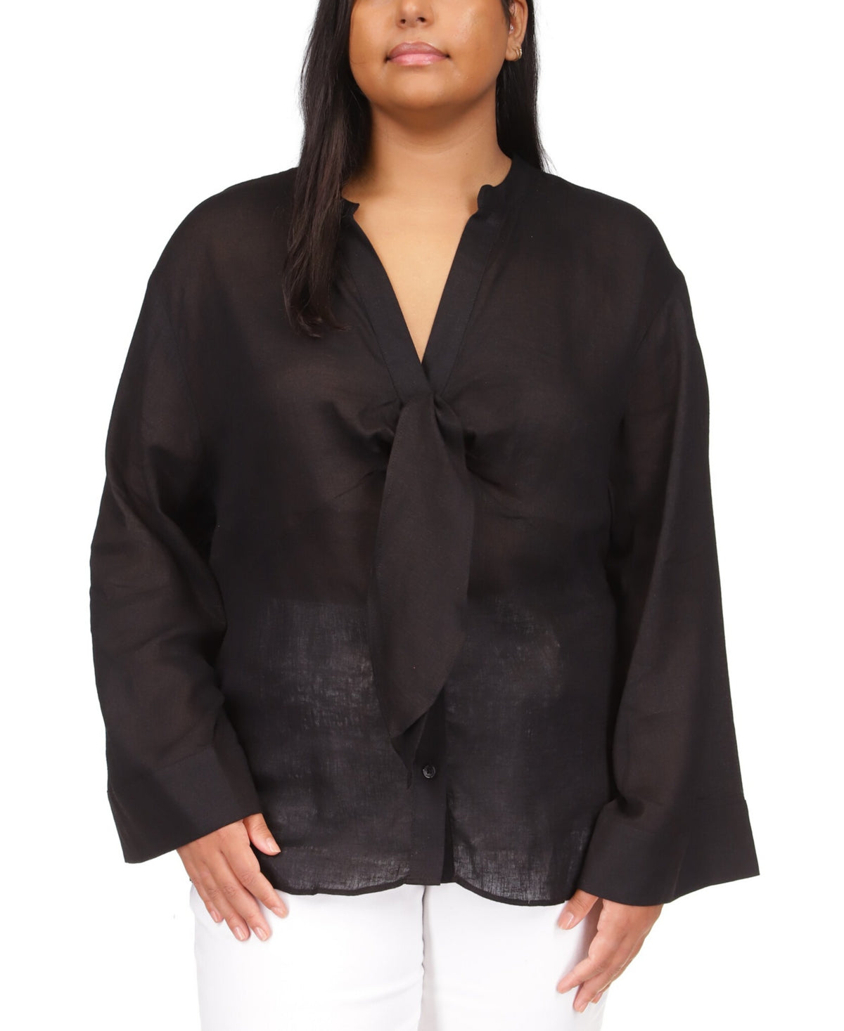 Blusa feminina Michael Kors de manga comprida com amarração no pescoço, preta, tamanho 2X
