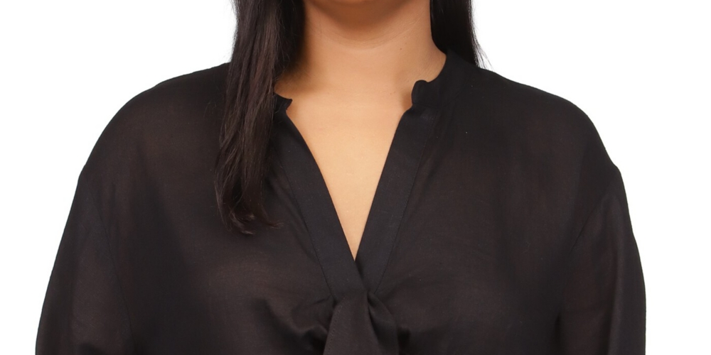 Blusa feminina Michael Kors de manga comprida com amarração no pescoço, preta, tamanho 2X