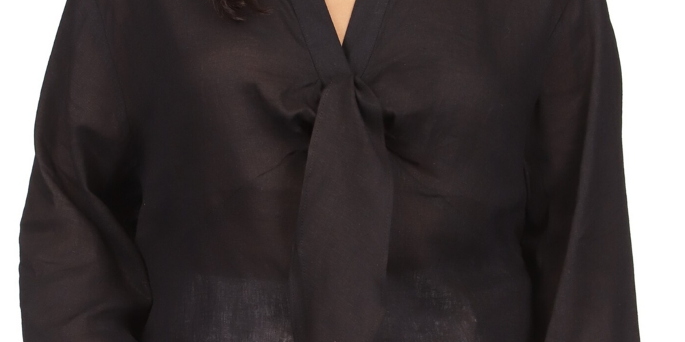 Blusa feminina Michael Kors de manga comprida com amarração no pescoço, preta, tamanho 2X
