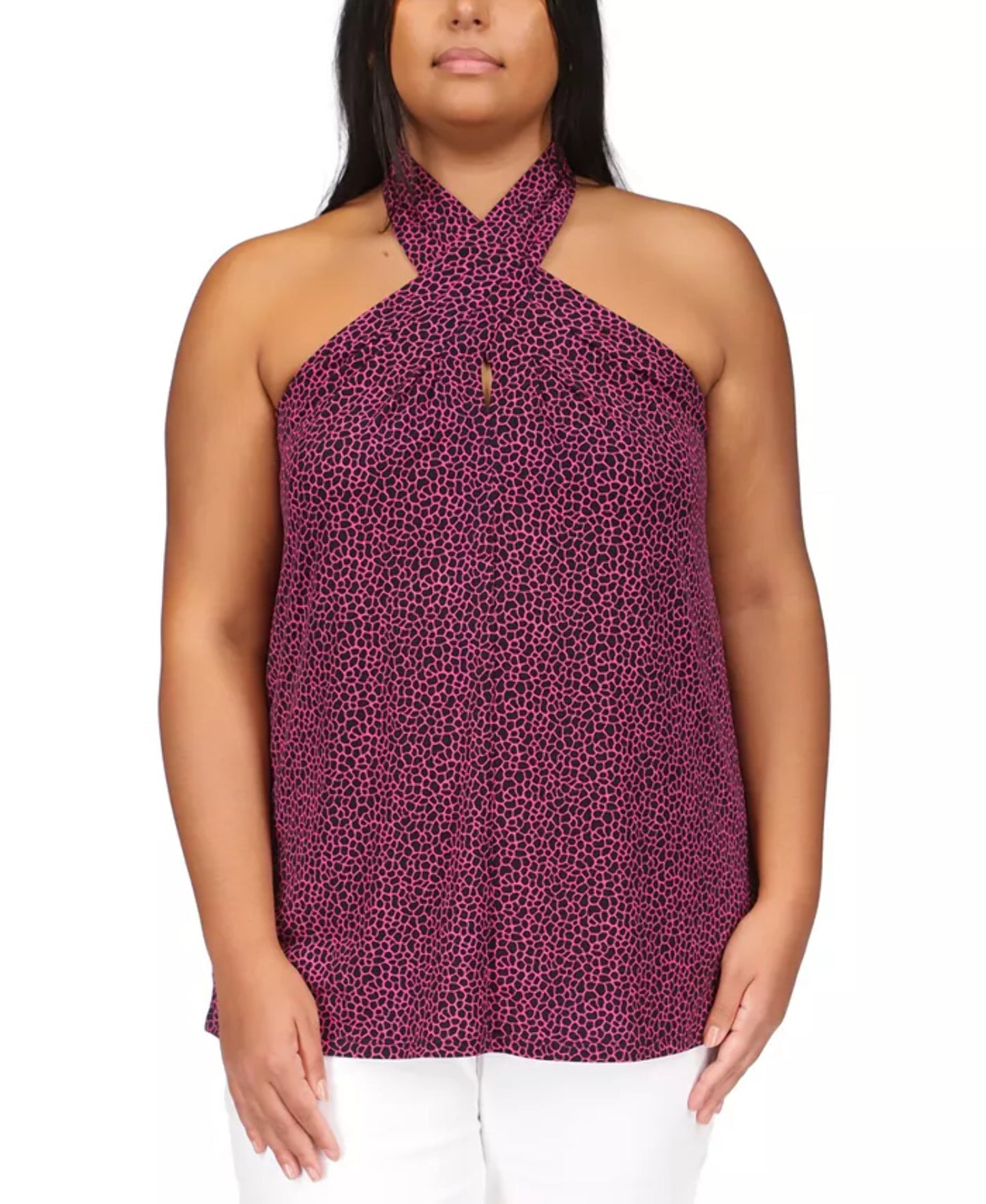 Blusa feminina Michael Kors com estampa animal e decote halter, sem mangas, roxa, tamanho 1X
