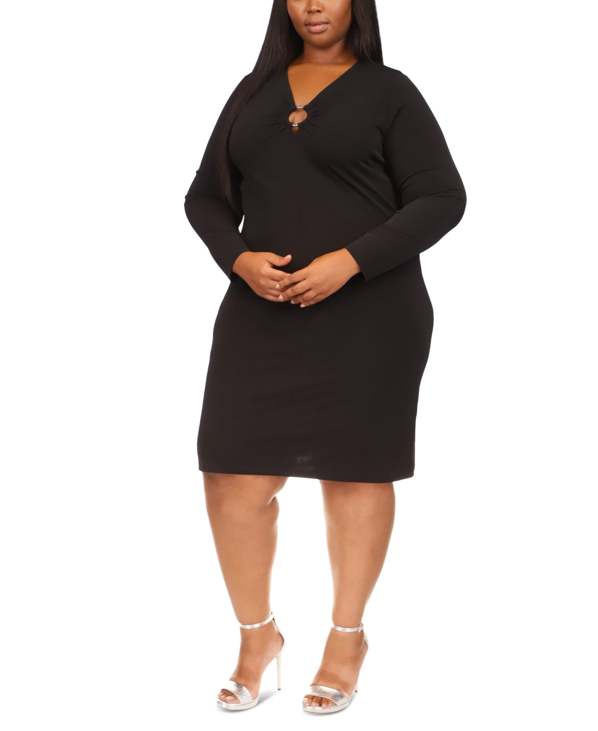 Vestido feminino Michael Kors com recorte em O e manga comprida, preto, tamanho 1X