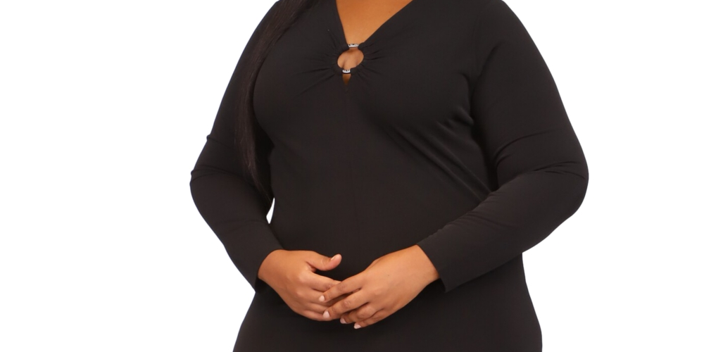 Vestido feminino Michael Kors com recorte em O e manga comprida, preto, tamanho 1X