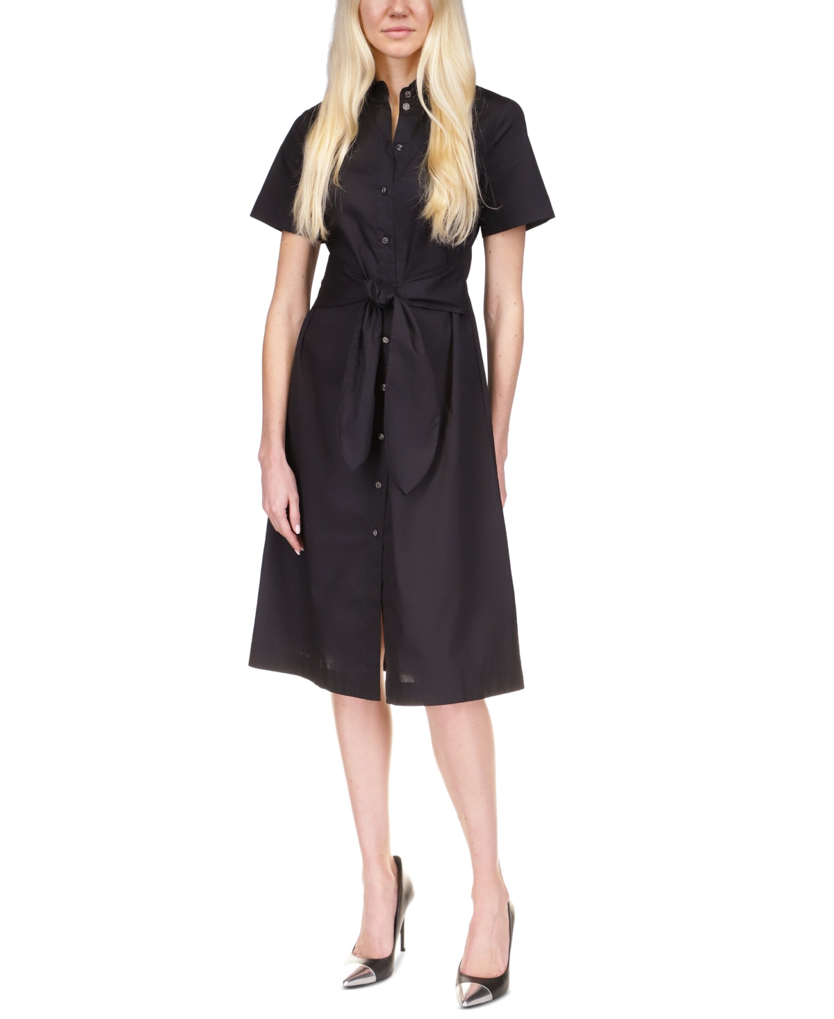 Vestido camisa de algodão feminino Michael Kors com amarração na cintura, preto, tamanho extragrande