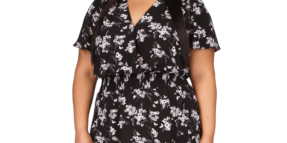 Vestido envelope feminino Michael Kors Botanical manga curta preto