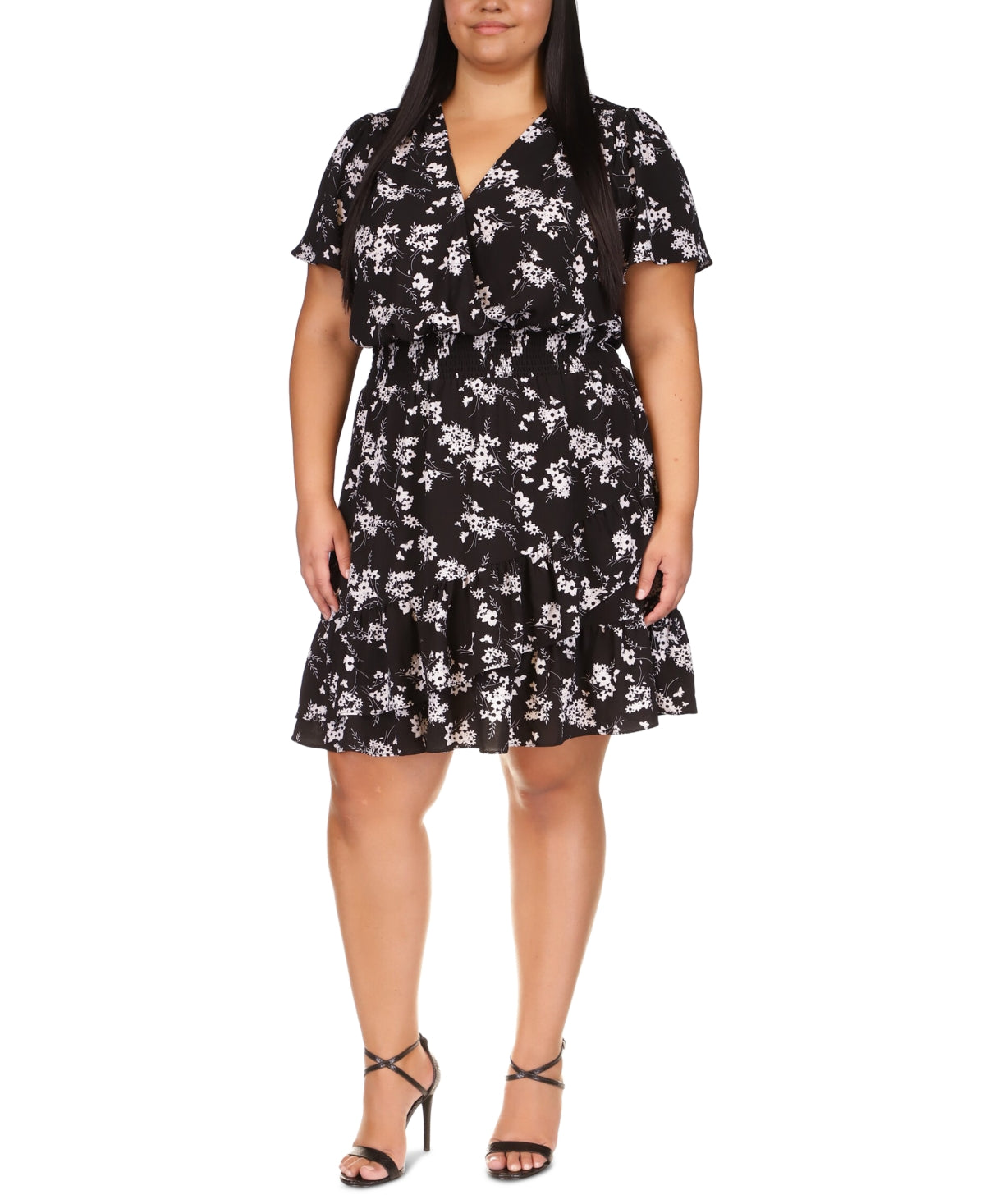 Vestido envelope feminino Michael Kors Botanical manga curta preto