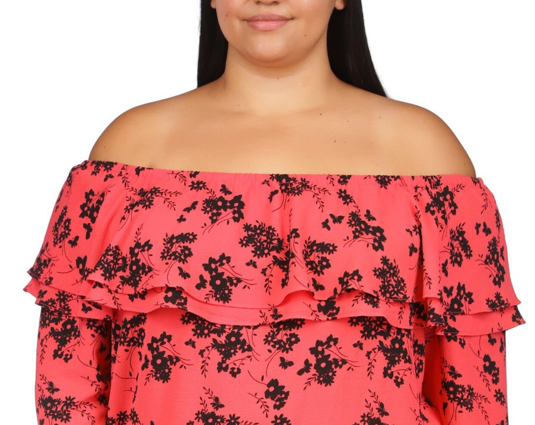 Blusa feminina Michael Kors com babados e ombro caído, rosa, tamanho 2X