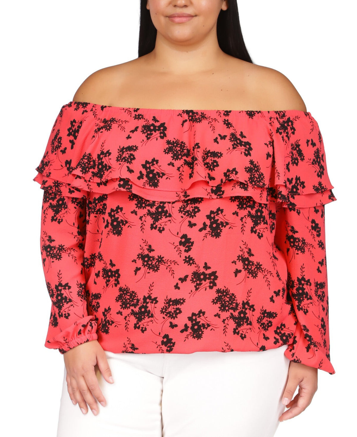 Blusa feminina Michael Kors com babados e ombro caído, rosa, tamanho 2X