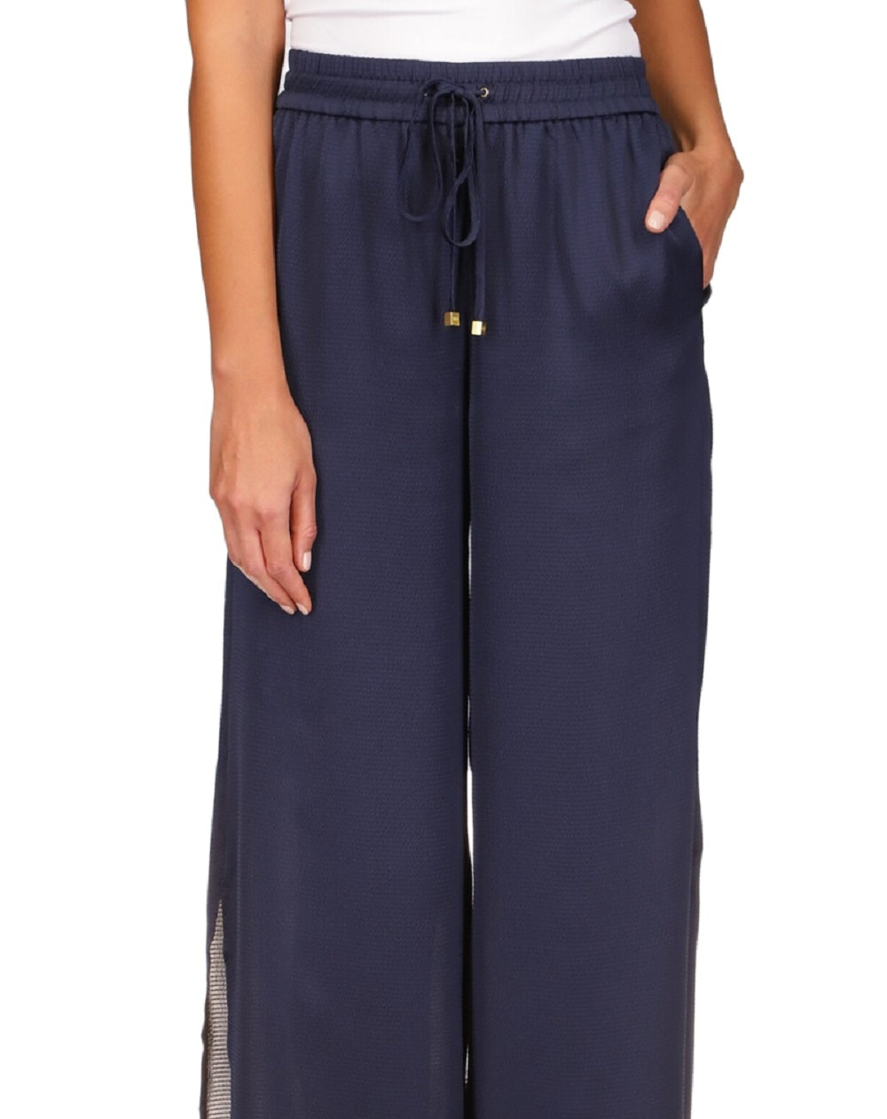 Calça feminina Michael Kors com estampa de corrente e fenda alta, tamanho grande, azul