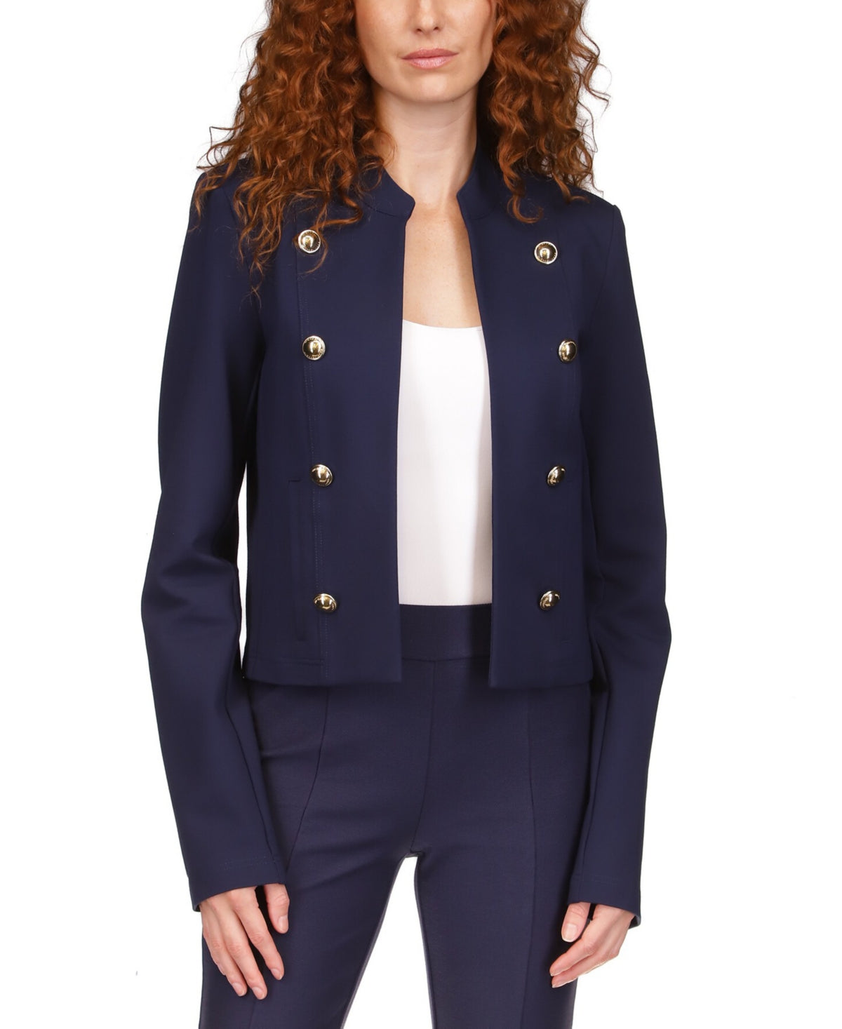 Jaqueta militar feminina Michael Kors sem forro e com bolsos e botões, azul, tamanho pequeno
