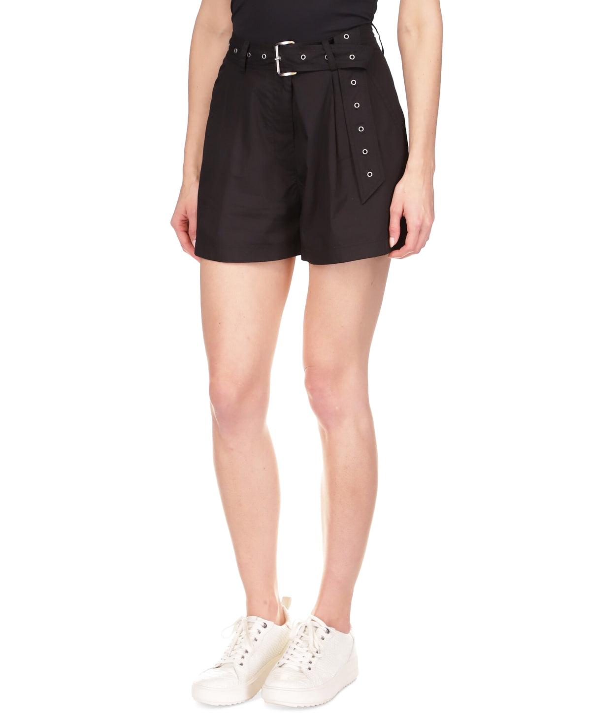 Shorts femininos Michael Kors de algodão popeline com cinto, preto, tamanho 0