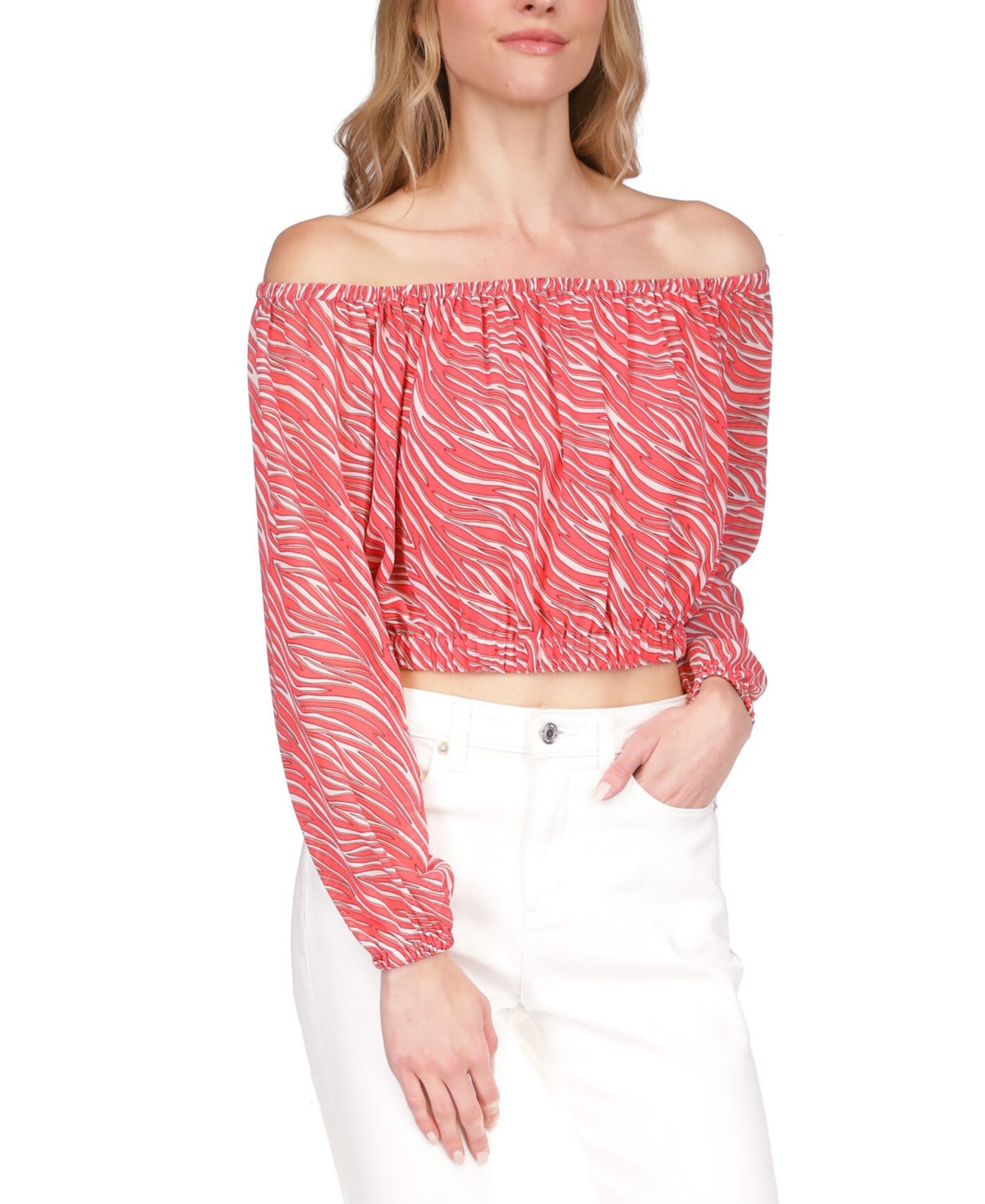 Blusa feminina Michael Kors com estampa de zebra e ombro de fora, rosa, tamanho pequeno