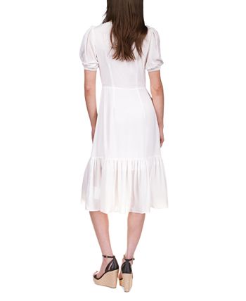 Vestido feminino Michael Kors texturizado com risca de giz e amarração frontal, branco, tamanho pequeno grande