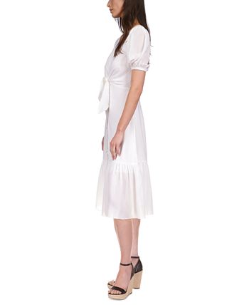 Vestido feminino Michael Kors texturizado com risca de giz e amarração frontal, branco, tamanho pequeno grande