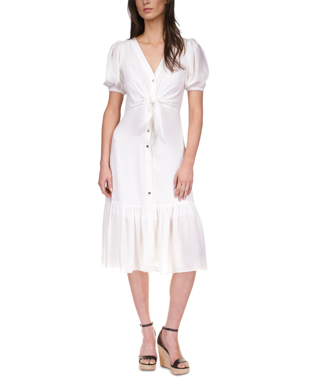 Vestido feminino Michael Kors texturizado com risca de giz e amarração frontal, branco, tamanho pequeno grande