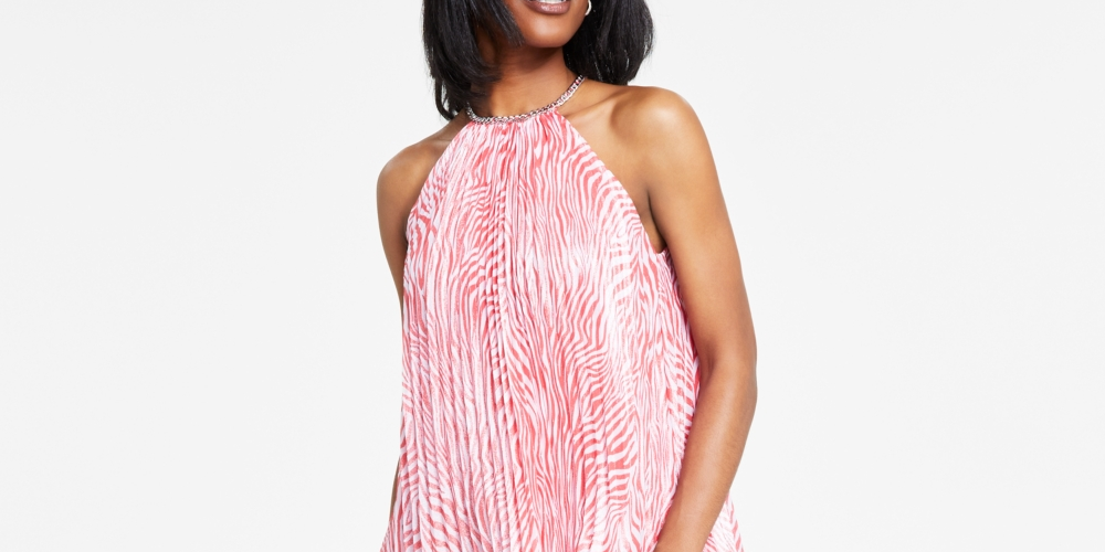 Blusa plissada com estampa de zebra e corrente Michael Kors feminina, rosa