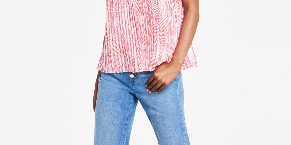 Blusa plissada com estampa de zebra e corrente Michael Kors feminina, rosa