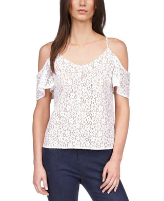 Michael Kors Top Feminino de Renda com Ombros Descobertos e Corrente, Branco, Tamanho X-G