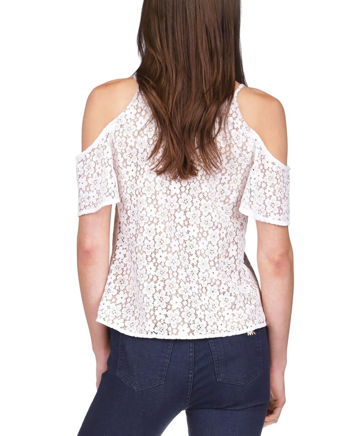 Michael Kors Top Feminino de Renda com Ombros Descobertos e Corrente, Branco, Tamanho X-G