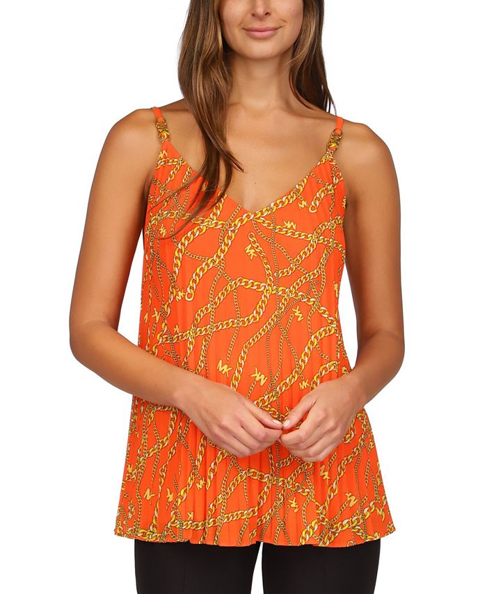 Michael Kors Regata plissada feminina com estampa de corrente, laranja, tamanho XS