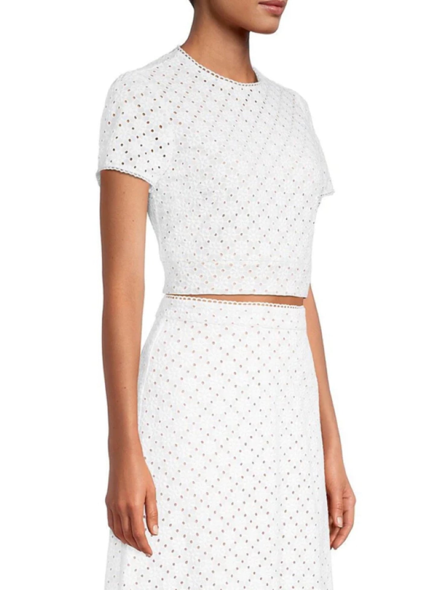 Blusa curta feminina Michael Kors Geo Eyelet manga curta branca tamanho 8