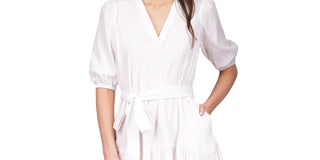 Vestido curto listrado monocromático com decote em V feminino Michael Kors, tamanho grande, branco