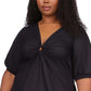 Blusa feminina Michael Kors de popeline de algodão com manga 3/4, preta