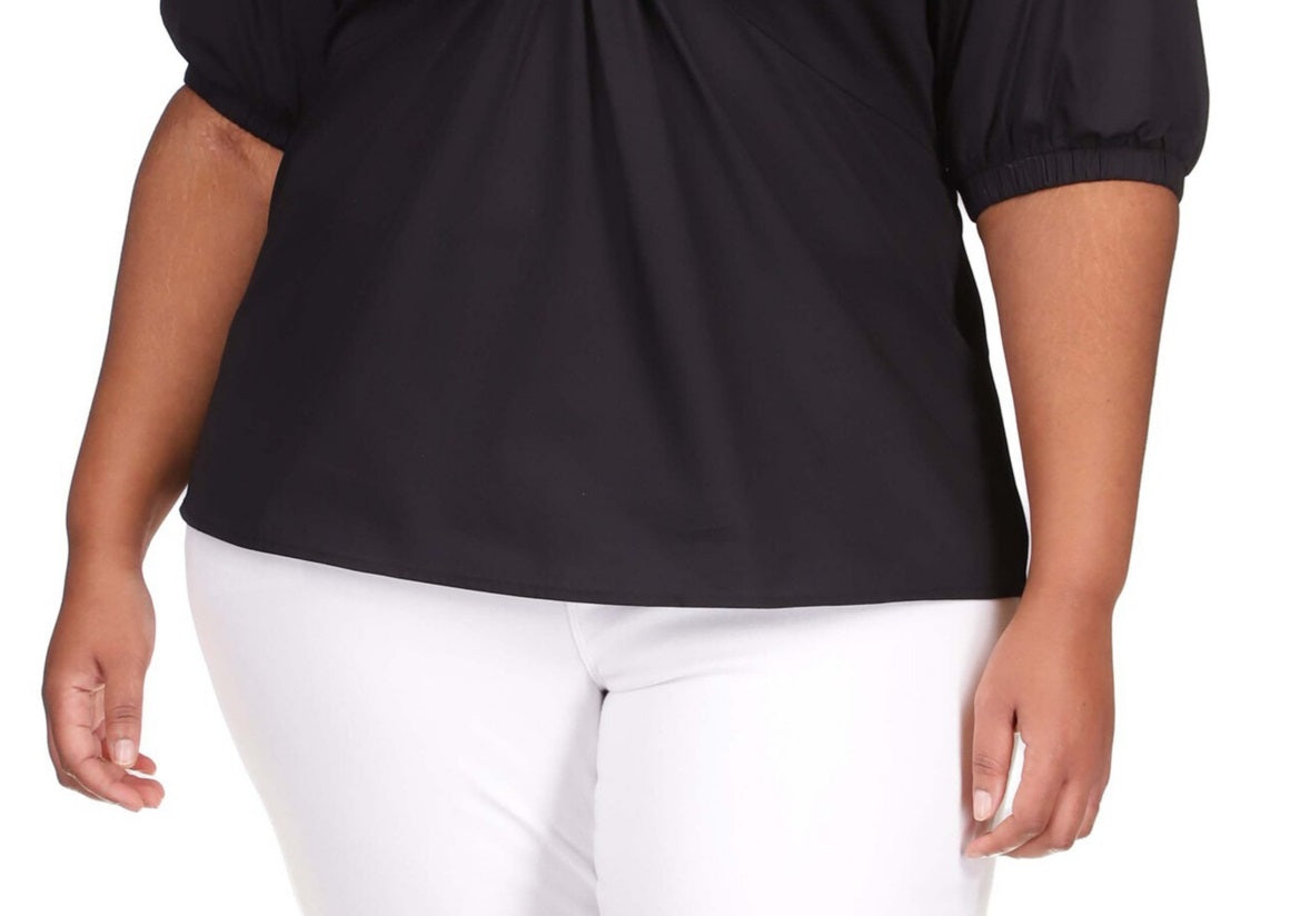 Blusa feminina Michael Kors de popeline de algodão com manga 3/4, preta