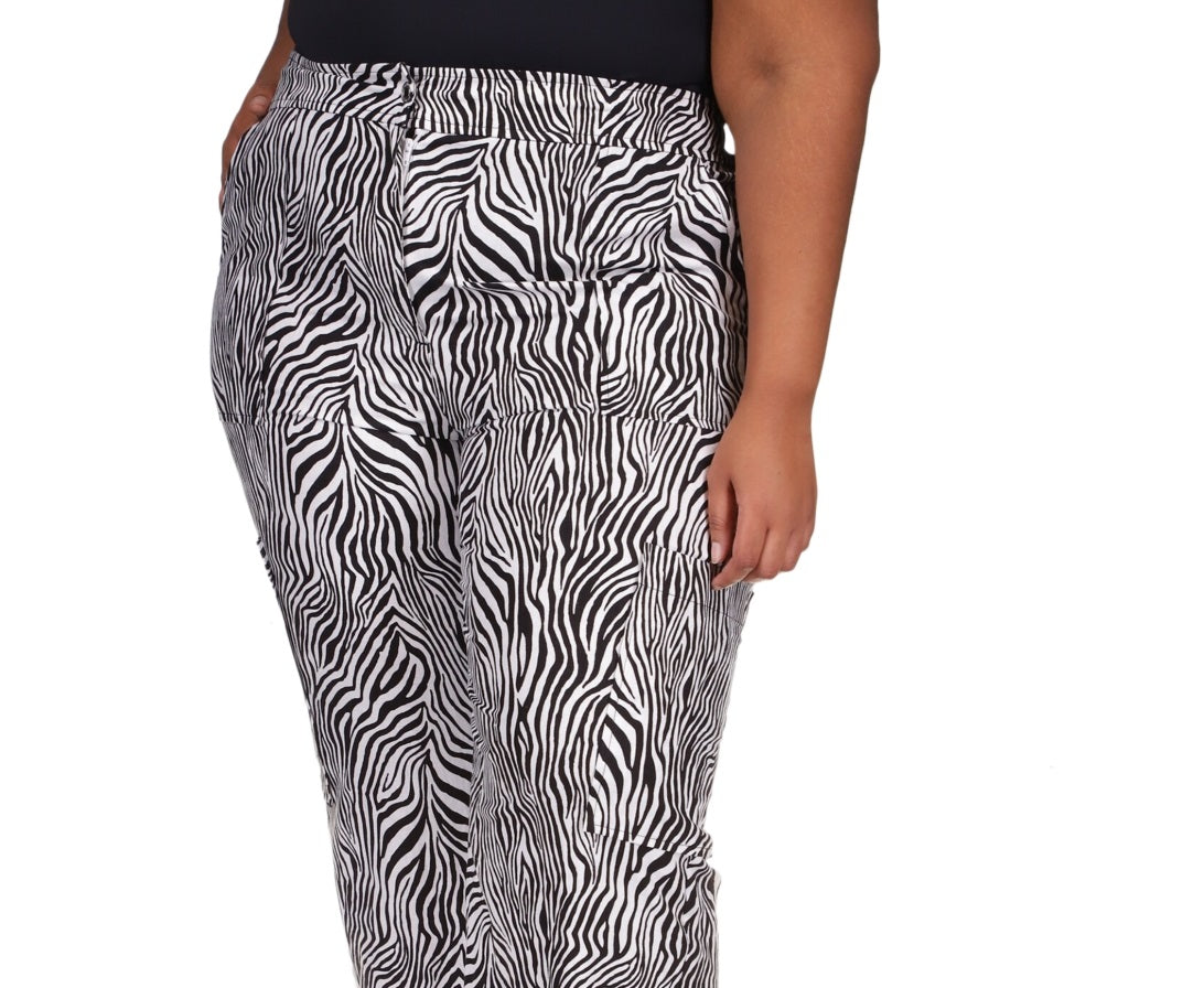 Calça cargo feminina Michael Kors com estampa de zebra e perna larga, preta, tamanho 3X
