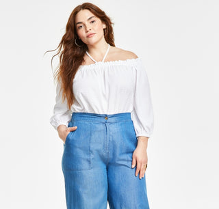 Calça feminina Michael Kors de cambraia com perna larga, azul, tamanho 3X