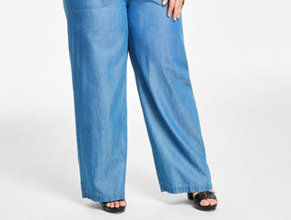 Calça feminina Michael Kors de cambraia com perna larga, azul, tamanho 3X