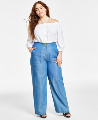 Calça feminina Michael Kors de cambraia com perna larga, azul, tamanho 3X