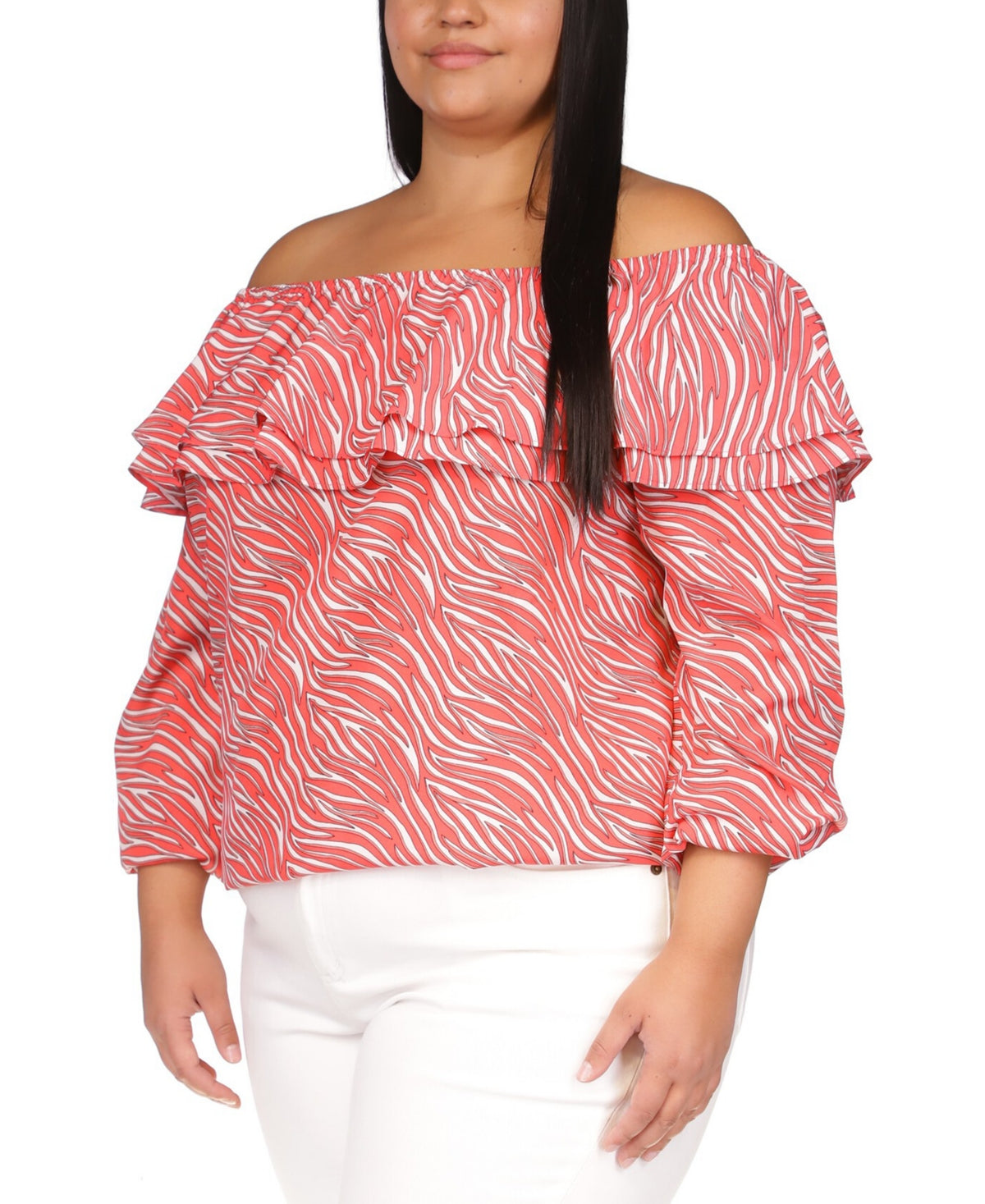 Blusa camponesa com babados e estampa de zebra feminina Michael Kors rosa
