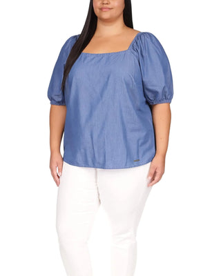 Blusa feminina Michael Kors com decote quadrado e manga bufante, azul, tamanho 3X