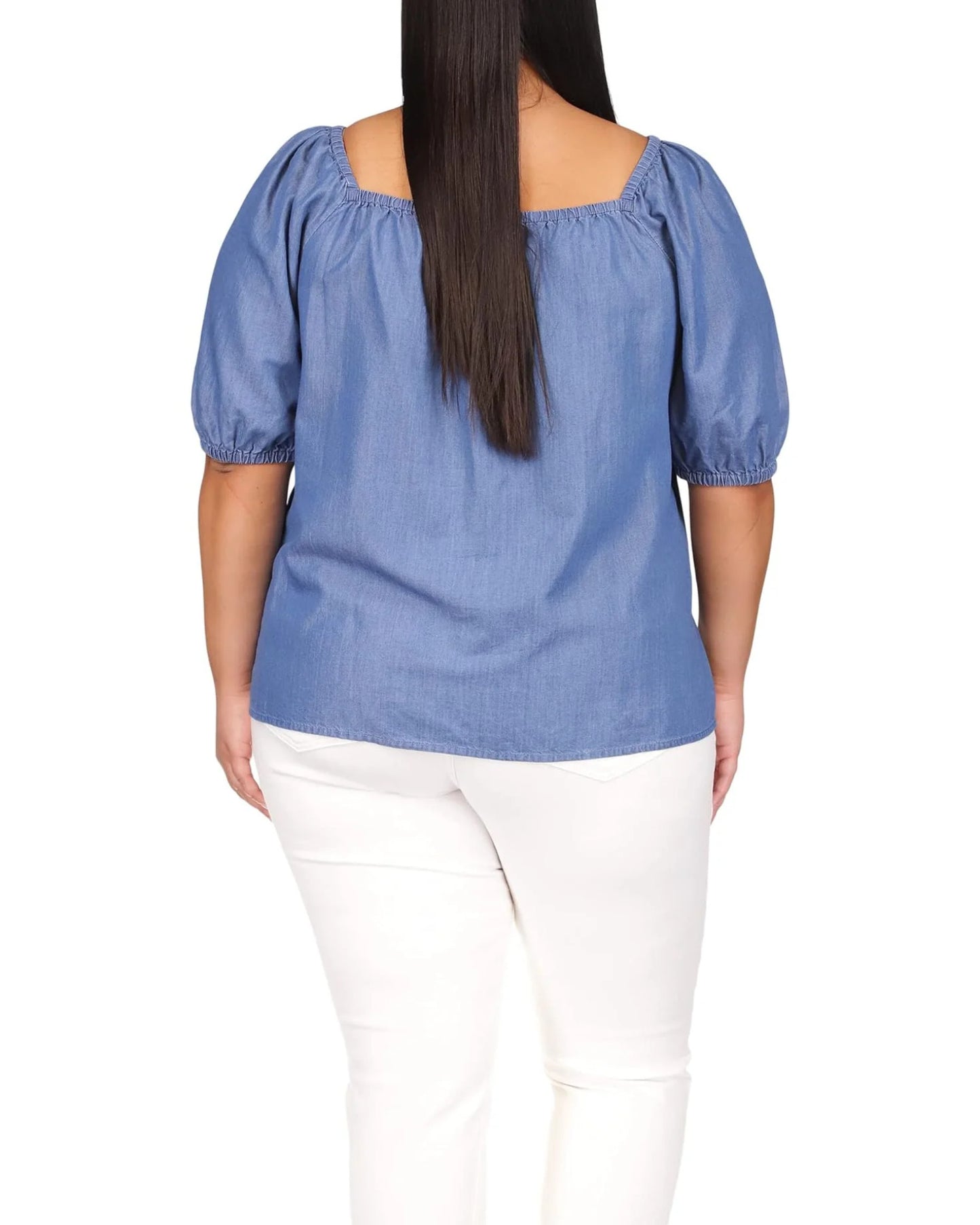Blusa feminina Michael Kors com decote quadrado e manga bufante, azul, tamanho 3X
