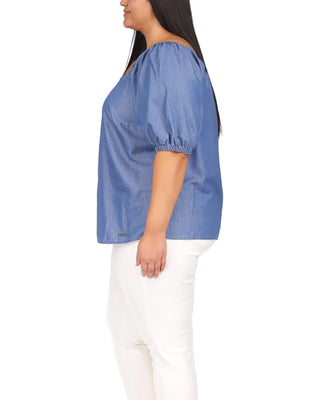 Blusa feminina Michael Kors com decote quadrado e manga bufante, azul, tamanho 3X