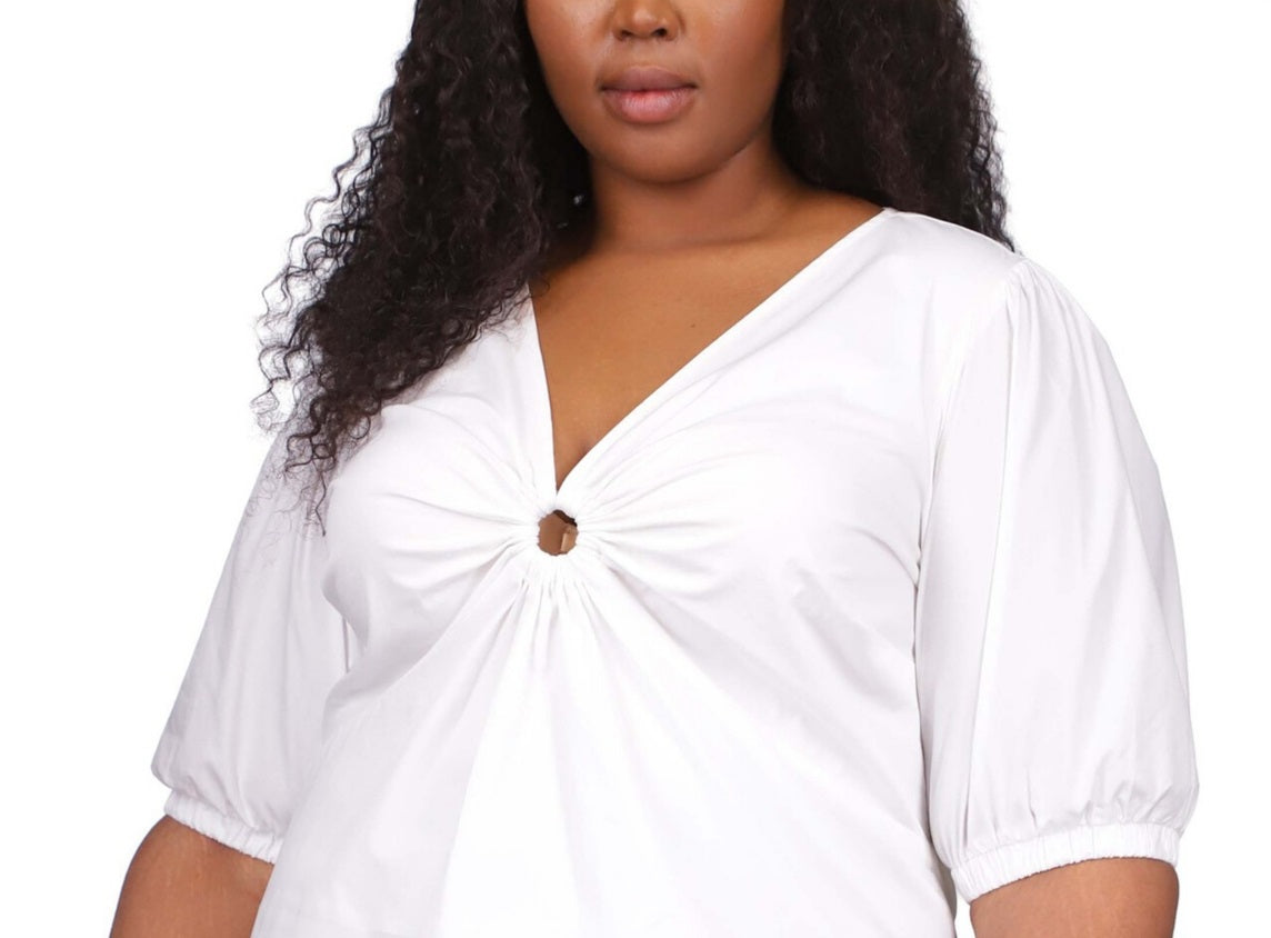 Blusa feminina Michael Kors de popeline de algodão com manga 3/4, branca, tamanho 2X