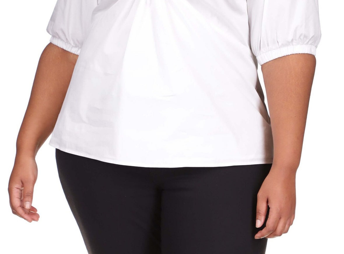 Blusa feminina Michael Kors de popeline de algodão com manga 3/4, branca, tamanho 2X