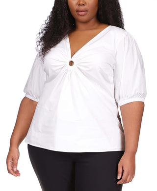 Blusa feminina Michael Kors de popeline de algodão com manga 3/4, branca, tamanho 2X