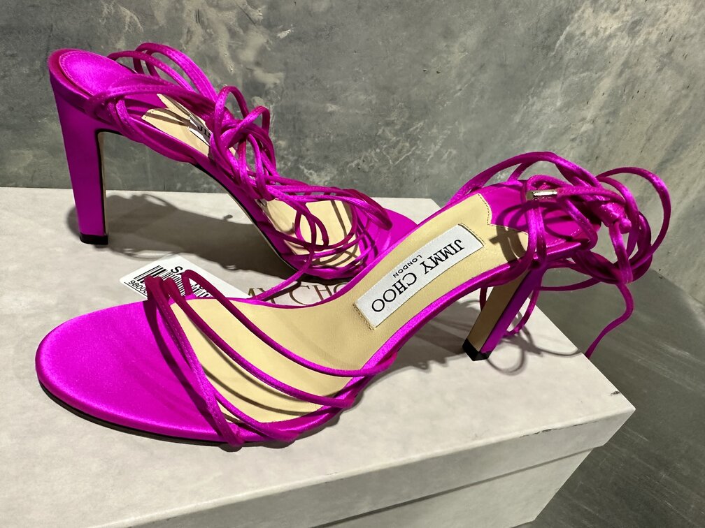 Sandálias de salto alto com tiras Jimmy Choo femininas, rosa, tamanho 8