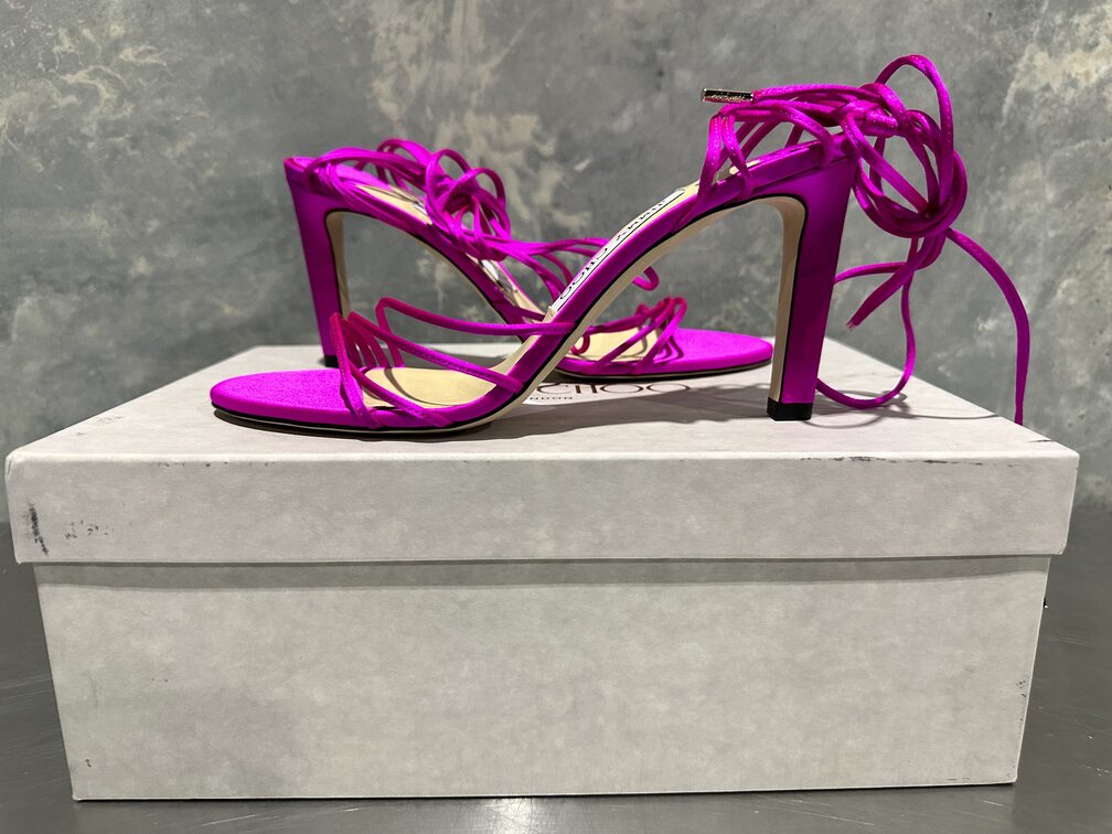 Sandálias de salto alto com tiras Jimmy Choo femininas, rosa, tamanho 8