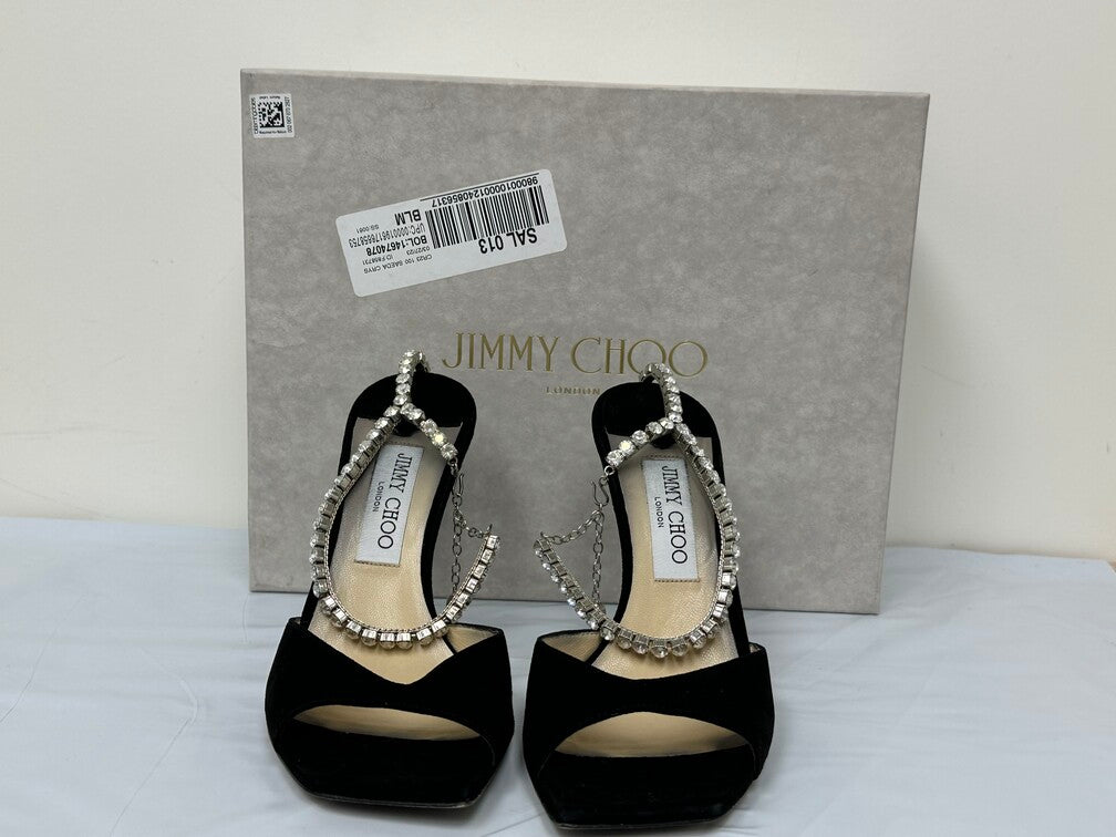 Sandálias de salto alto com detalhes em camurça Saeda 100 Jimmy Choo femininas, pretas, tamanho 10