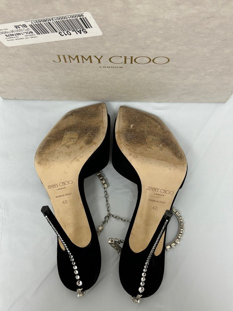 Sandálias de salto alto com detalhes em camurça Saeda 100 Jimmy Choo femininas, pretas, tamanho 10