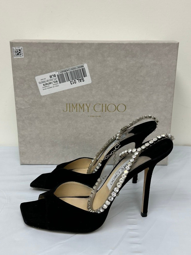 Sandálias de salto alto com detalhes em camurça Saeda 100 Jimmy Choo femininas, pretas, tamanho 10