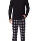 Cuddl Duds Camiseta masculina de manga comprida com decote em V e calça de pijama xadrez de lã, tamanho médio, preta