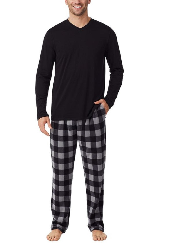 Cuddl Duds Camiseta masculina de manga comprida com decote em V e calça de pijama xadrez de lã, tamanho médio, preta